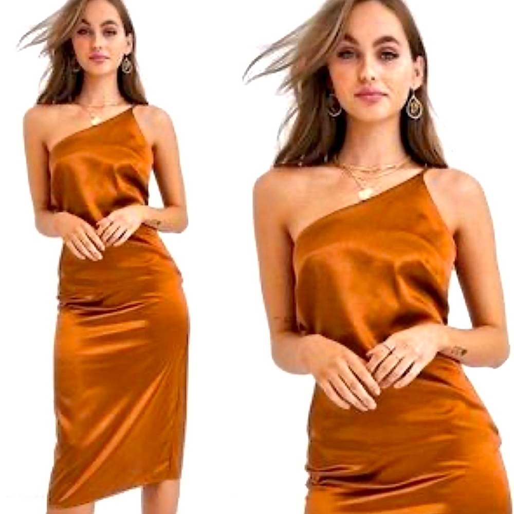 LITTLE MISTRESS one shoulder satin slip midi dress Rust women’s size 10